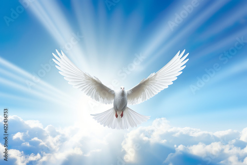 Spirit of god background banner panorama - White dove with wings wide open in the blue sky air with clouds and sunbeams   Generative AI