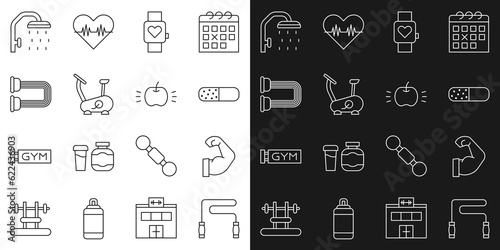 Set line Jump rope, Bodybuilder muscle, Vitamin pill, Smart watch, Stationary bicycle, Chest expander, Shower head and Apple icon. Vector