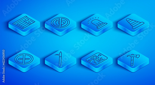 Set line Building of fire station, No, Ringing alarm bell, Metal pike pole, Fire system, Traffic cone, match and Firefighter axe icon. Vector