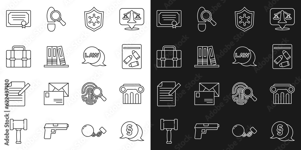 Set line Law, pillar, Evidence bag and bullet, Police badge, Office folders, Briefcase, Certificate template and icon. Vector