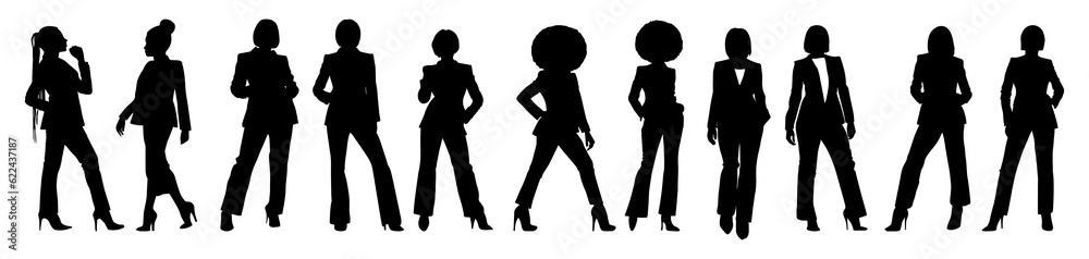Vector illustration. Silhouette of women colleagues girlfriends in classic clothes. Businesswoman secretary. Big set of people.