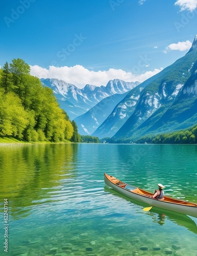 canoe on the middle of a lake with mountains in the background