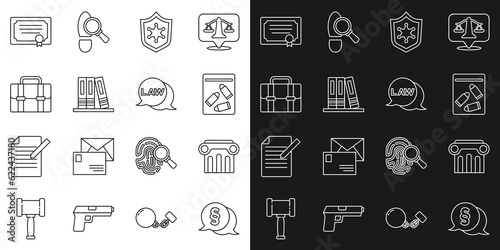 Set line Law, pillar, Evidence bag and bullet, Police badge, Office folders, Briefcase, Certificate template and icon. Vector