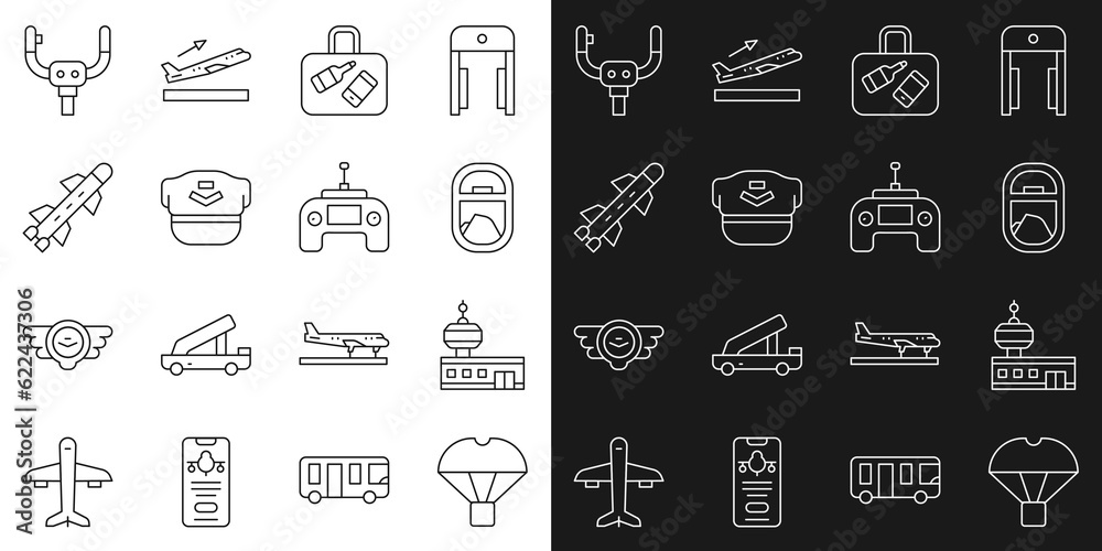 Set line Box flying on parachute, Airport control tower, Airplane window, Suitcase, Pilot hat, Rocket, Aircraft steering helm and Drone remote icon. Vector Set line Box flying on parachute, Airport control tower, Airplane window, Suitcase, Pilot hat, Rocket, Aircraft steering helm and Drone remote icon. Vector