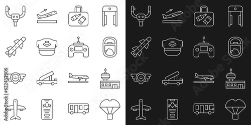 Set line Box flying on parachute, Airport control tower, Airplane window, Suitcase, Pilot hat, Rocket, Aircraft steering helm and Drone remote icon. Vector