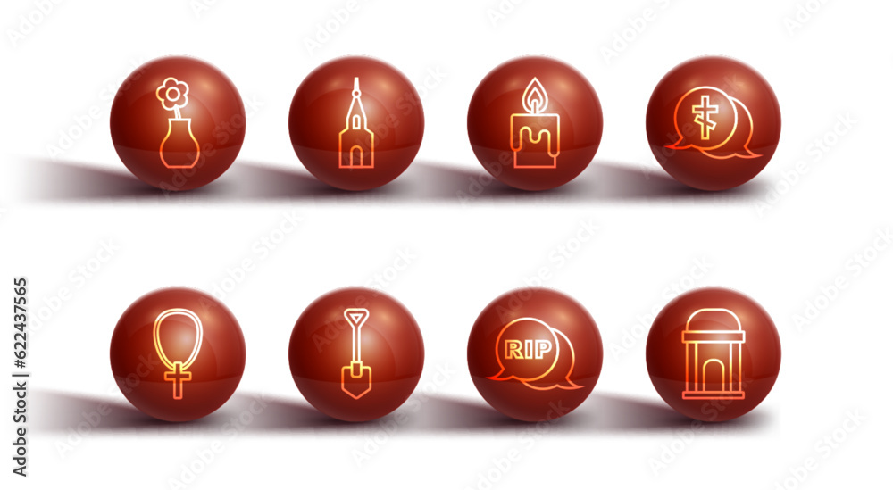Set line Flower in vase, Christian cross on chain, Grave with, Speech bubble rip death, Shovel, Church building, Old crypt and Burning candle icon. Vector Set line Flower in vase, Christian cross on chain, Grave with, Speech bubble rip death, Shovel, Church building, Old crypt and Burning candle icon. Vector