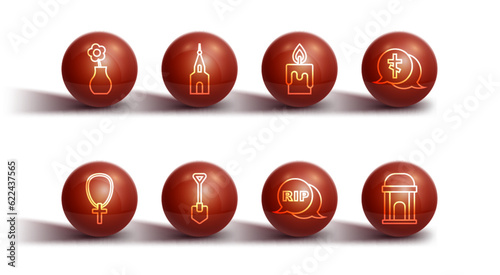 Set line Flower in vase, Christian cross on chain, Grave with, Speech bubble rip death, Shovel, Church building, Old crypt and Burning candle icon. Vector
