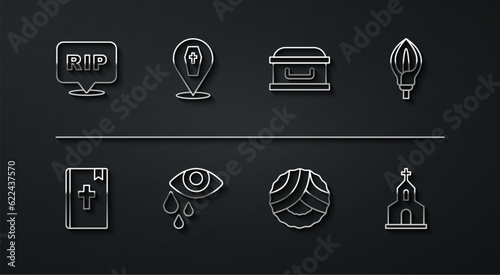 Set line Speech bubble rip death, Holy bible book, Lily flower, Memorial wreath, Tear cry eye, Coffin with cross, Church building and icon. Vector