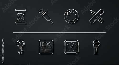 Set line Old hourglass with sand, Hand scale spring mechanical, Crossed ruler pencil, Clock, Area measurement, Syringe, Calliper or caliper and Radius icon. Vector