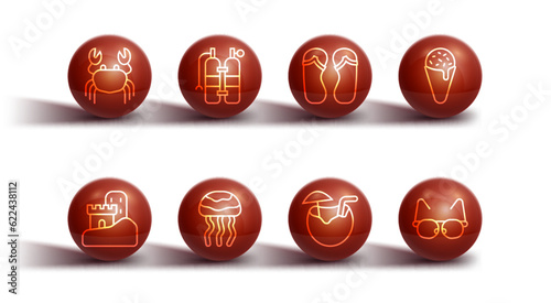 Set line Crab, Sand castle, Ice cream in waffle cone, Coconut cocktail, Jellyfish, Aqualung, Glasses and Flip flops icon. Vector