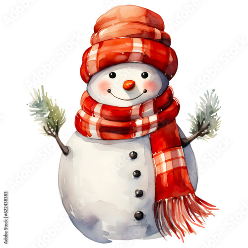 Cute watercolor snowman clipart with transparent background, created with generative AI technology