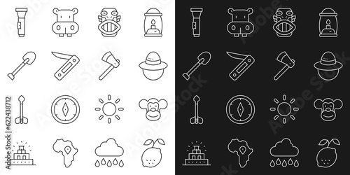 Set line Lemon, Monkey, Camping hat, Mexican mayan or aztec mask, Swiss army knife, Shovel, Flashlight and Wooden axe icon. Vector