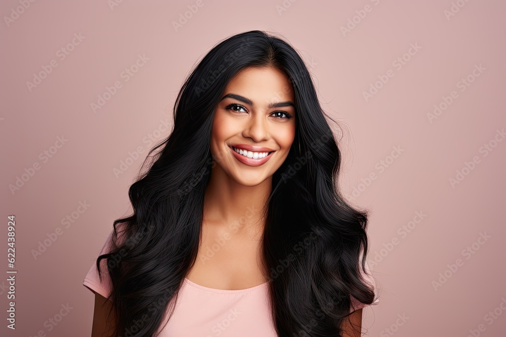 portrait of a smiling Indian woman with long hair clean background ...