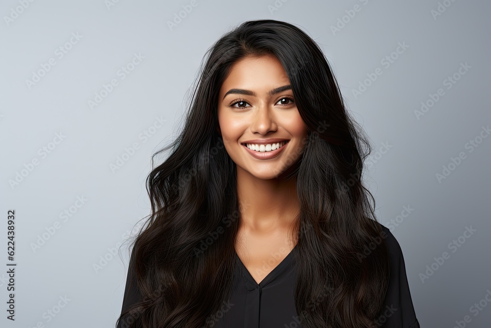 portrait of a smiling Indian woman with long hair clean background generative ai portrait of a smiling Indian woman with long hair clean background generative ai