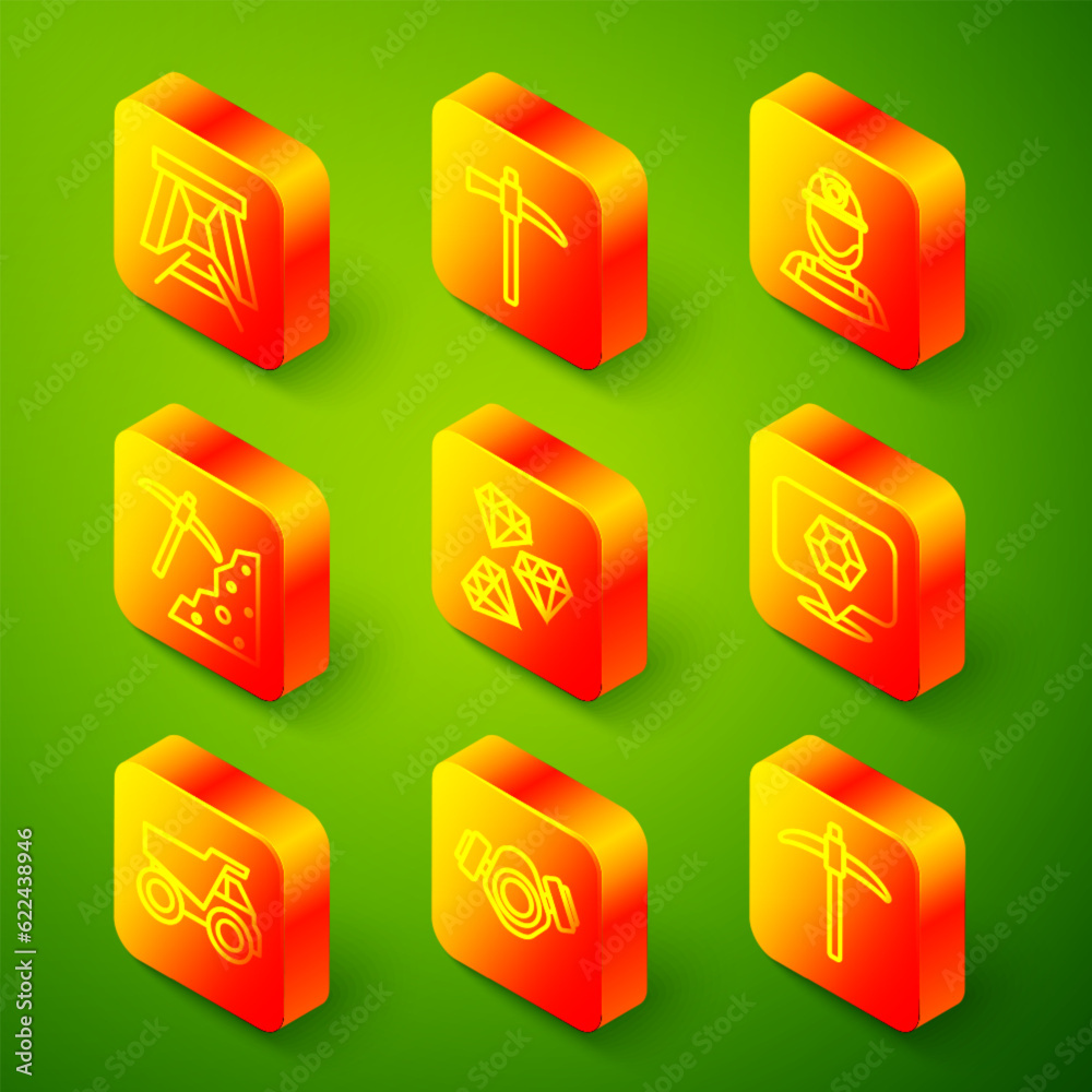 Set line Mine entrance, Pickaxe, Miner helmet, Gem stone, Mining dump truck and Gas mask icon. Vector Set line Mine entrance, Pickaxe, Miner helmet, Gem stone, Mining dump truck and Gas mask icon. Vector
