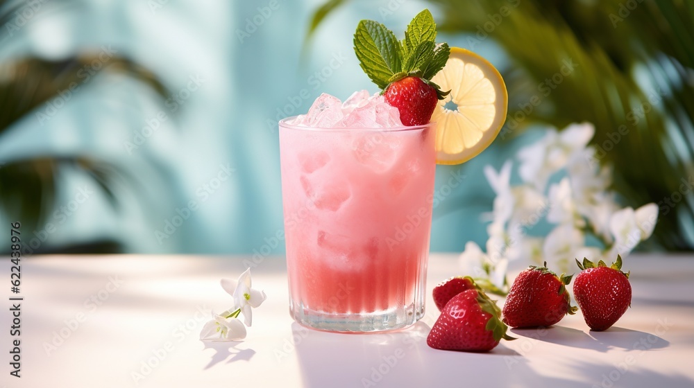 a pink drink with strawberries and lemon on a table. generative ai a pink drink with strawberries and lemon on a table. generative ai