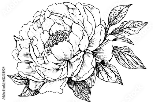Peony flower and leaves drawing. Vector hand drawn engraved ink illustration