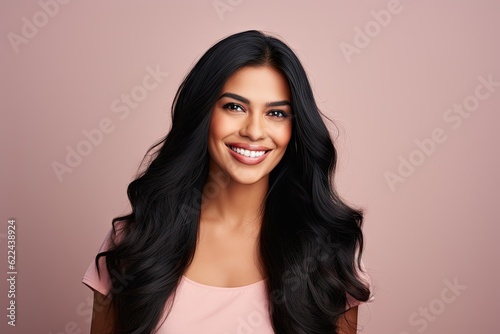 portrait of a smiling Indian woman with long hair clean background generative ai  photo