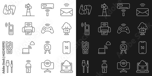 Set line Network cloud connection, Mobile with 5G, Smart Tv, Air conditioner, printer system, wi-fi wireless, headphones and Wireless gamepad icon. Vector