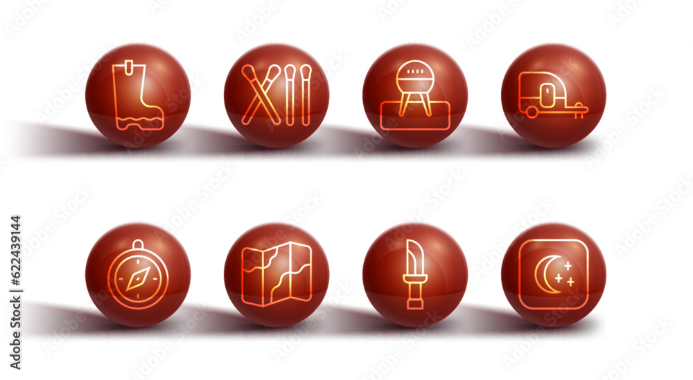 Set line Waterproof rubber boot, Compass, Rv Camping trailer, Knife, and hiking on map, Match stick, Moon stars and Barbecue grill icon. Vector Set line Waterproof rubber boot, Compass, Rv Camping trailer, Knife, and hiking on map, Match stick, Moon stars and Barbecue grill icon. Vector