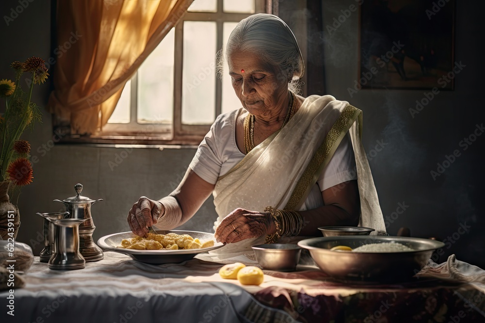 Timeless Tradition: Indian Matriarch Presenting Food in Bright, Airy Atmosphere generative ai