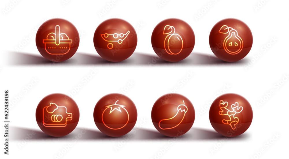 Set line Basket and food, Cutting board with vegetables, Pear, Eggplant, Tomato, Peas, Ginger root and Plum fruit icon. Vector Set line Basket and food, Cutting board with vegetables, Pear, Eggplant, Tomato, Peas, Ginger root and Plum fruit icon. Vector