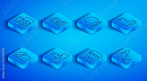 Set line First aid kit, Camping lantern, Cloud with rain, Tree, Fork and spoon, Waterproof rubber boot, Lighter and Fish icon. Vector