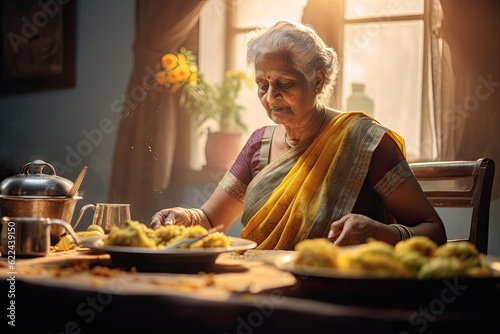 Timeless Tradition  Indian Matriarch Presenting Food in Bright  Airy Atmosphere generative ai