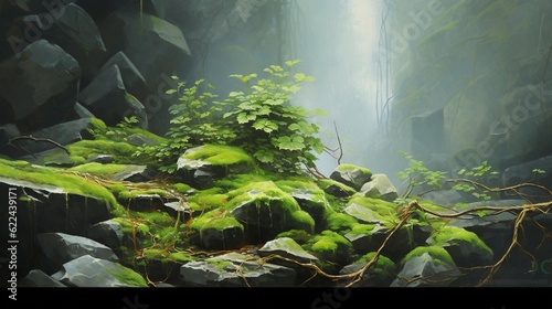  a painting of a green forest with rocks and trees in the background.  generative ai