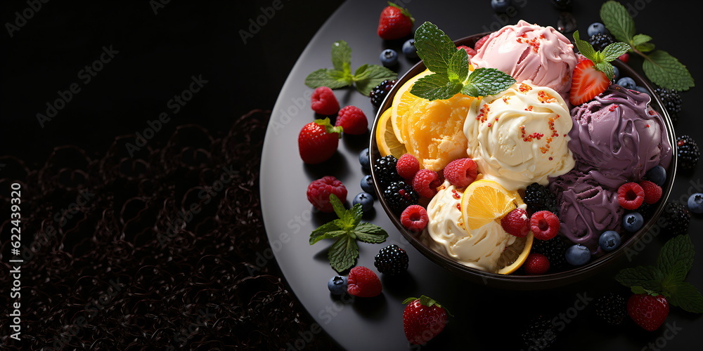 Ice cream dessert with fruits on a plate Ice cream dessert with fruits on a plate