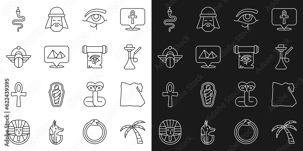 Set line Tropical palm tree, Map of Egypt, Hookah, Eye Horus, pyramids, Egyptian Scarab, Snake and on papyrus scroll icon. Vector Set line Tropical palm tree, Map of Egypt, Hookah, Eye Horus, pyramids, Egyptian Scarab, Snake and on papyrus scroll icon. Vector