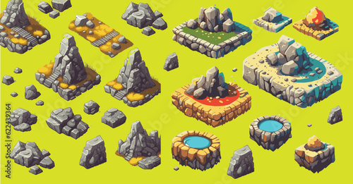 set of isometric rock game asset. Use in cartoon or game asset. ui elemets. vector illustration.