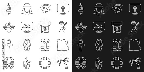 Set line Tropical palm tree, Map of Egypt, Hookah, Eye Horus, pyramids, Egyptian Scarab, Snake and on papyrus scroll icon. Vector