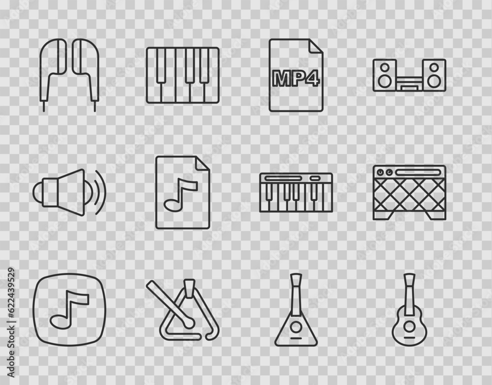 Set line Music note, tone, Guitar, MP4 file document, Triangle musical instrument, Air headphones, MP3, Balalaika and amplifier icon. Vector
