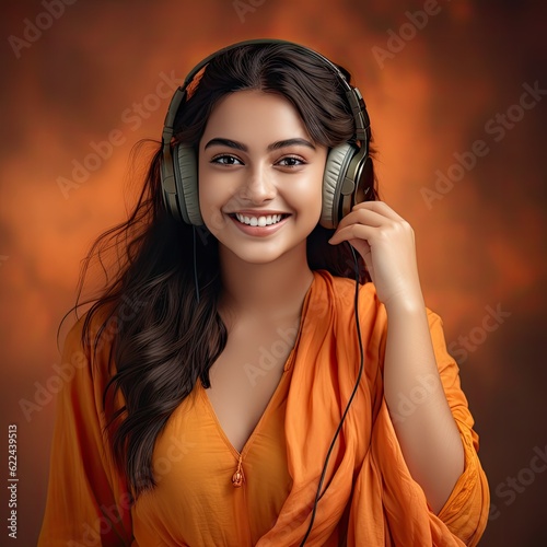 Indian young girl listening to music generative ai photo