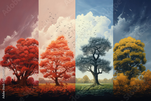Creative collage drawing with change of seasons, natural landscape with tree in different seasons. Generative AI illustration. photo