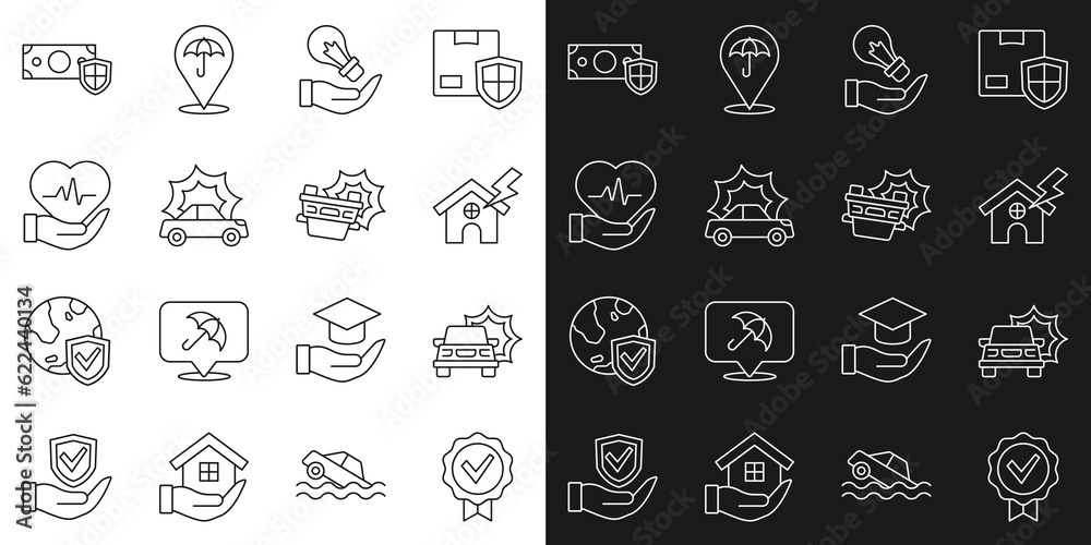 Set line Approved and check mark, Car accident, House lightning, Light bulb hand, Life insurance, Money with shield and icon. Vector