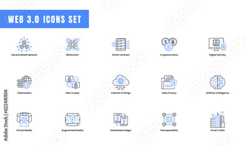 Web3 icons web3.0 modern vector icon set. Modern Digital Assets for Next-Gen Websites. Decentralized, virtual reality, blockchain Web3 Icons. 