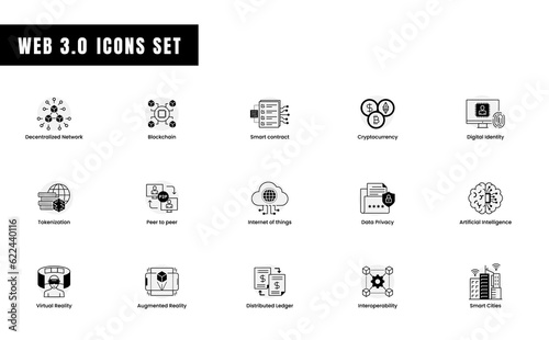 Web3 icons web3.0 modern vector icon set. Modern Digital Assets for Next-Gen Websites. Decentralized, virtual reality, blockchain Web3 Icons. 