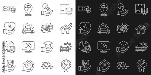 Set line Approved and check mark, Car accident, House lightning, Light bulb hand, Life insurance, Money with shield and icon. Vector