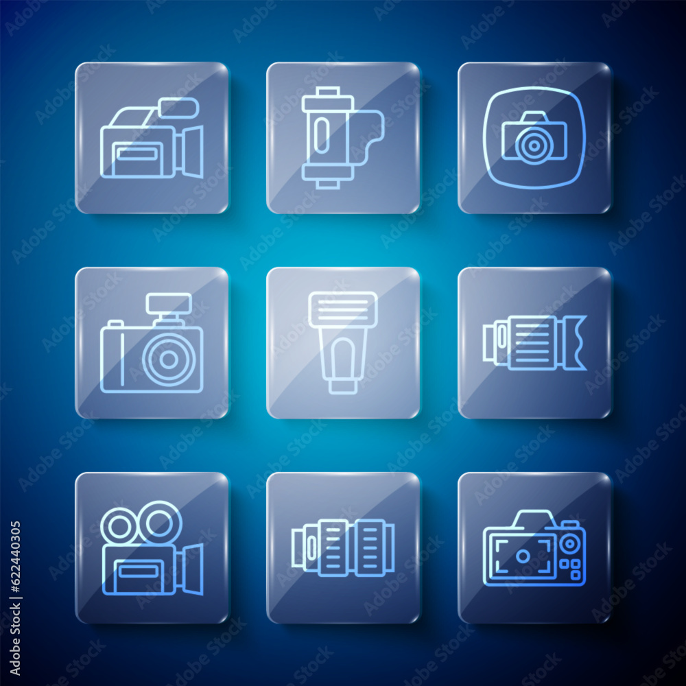 Set line Retro cinema camera, Camera photo lens, Photo, flash, Cinema and icon. Vector Set line Retro cinema camera, Camera photo lens, Photo, flash, Cinema and icon. Vector