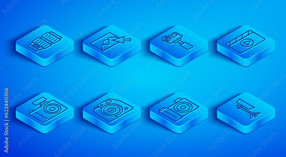 Set line Camera photo lens, Photo retouching, Action extreme camera, Movie clapper, and Studio light bulb softbox icon. Vector Set line Camera photo lens, Photo retouching, Action extreme camera, Movie clapper, and Studio light bulb softbox icon. Vector