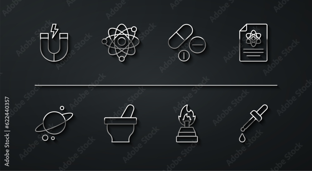 Set line Magnet, Planet Saturn, Chemistry report, Alcohol spirit burner, Mortar and pestle, Atom, Pipette and Medicine pill tablet icon. Vector Set line Magnet, Planet Saturn, Chemistry report, Alcohol spirit burner, Mortar and pestle, Atom, Pipette and Medicine pill tablet icon. Vector