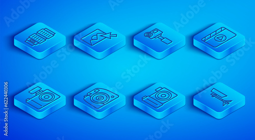 Set line Camera photo lens, Photo retouching, Action extreme camera, Movie clapper, and Studio light bulb softbox icon. Vector