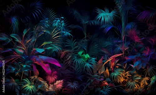 Creative neon tropical forest with colorful exotic plants glowing in the dark background. Generative AI.