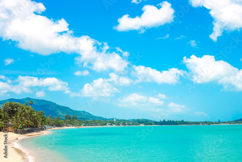 Sea coast with sandy beach and palm trees. Vacation in the tropics. Travel and tourism