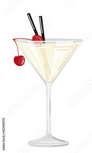 Vector illustration of a white cocktail with cherries on a white background in a flat style. Suitable for menu design, food stickers, scrapbooking.