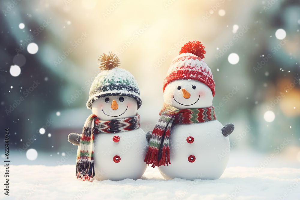 Winter holiday christmas background banner - Closeup of two cute funny laughing snowmen couple with wool hat and scarf, on snowy snow snowscape with bokeh lights, sun | Generative AI