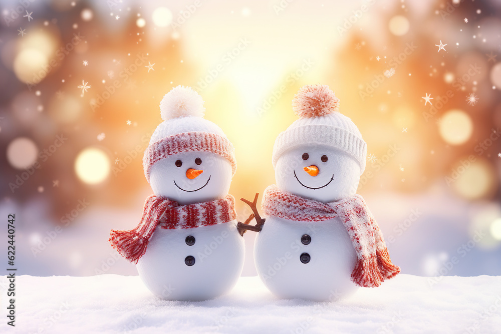 Winter holiday christmas background banner - Closeup of two cute funny laughing snowmen couple with wool hat and scarf, on snowy snow snowscape with bokeh lights, sun | Generative AI