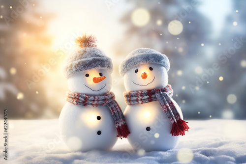 Winter holiday christmas background banner - Closeup of two cute funny laughing snowmen couple with wool hat and scarf, on snowy snow snowscape with bokeh lights, sun | Generative AI